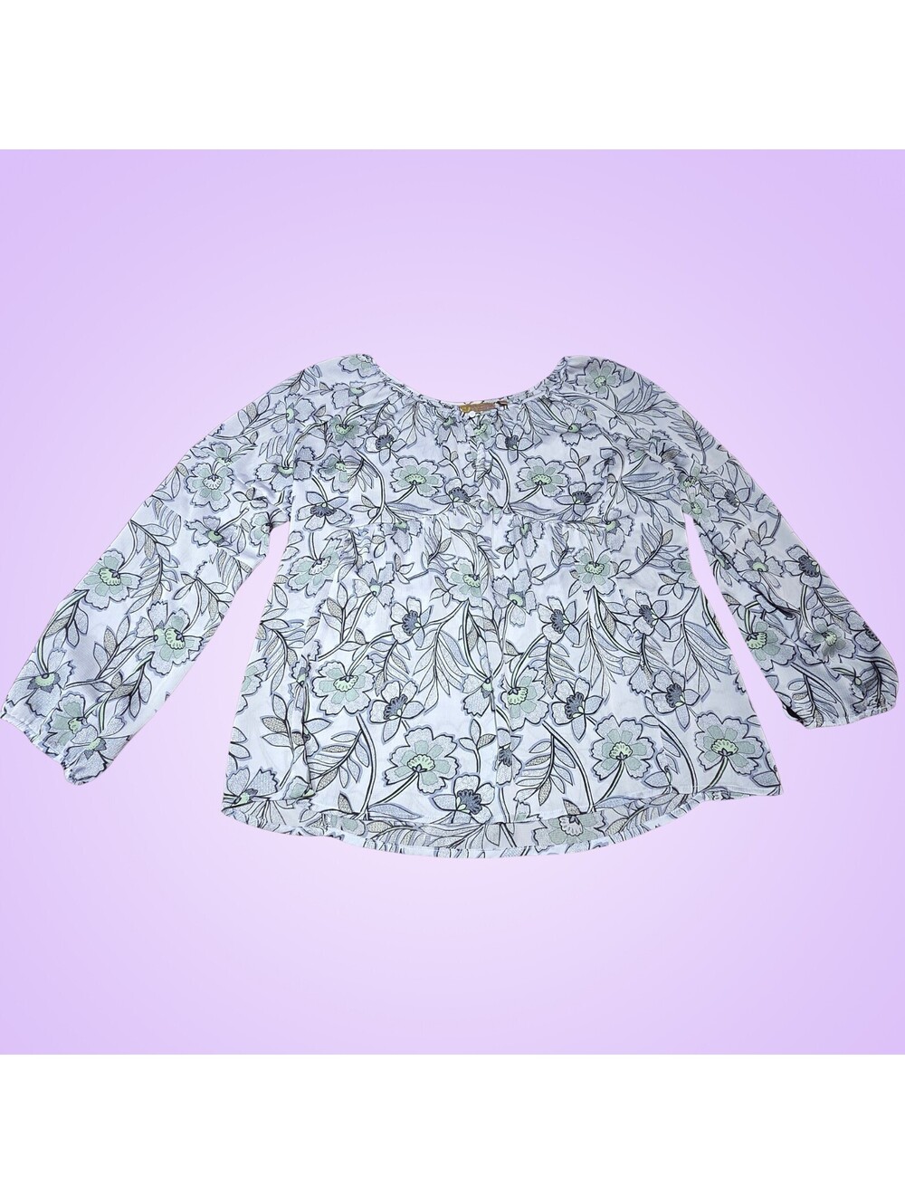 Princess Vera Wang Womens Large Floral Peasant Blouse Gray Green Boho